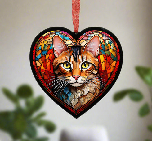Bengal Cat Stained Glass Effect Heart Suncatcher